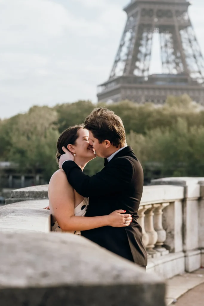 Romantic kiss in front of the Eiffel Tower