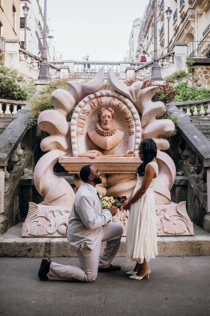 Paris proposal outfit - neutral color suit and white dress